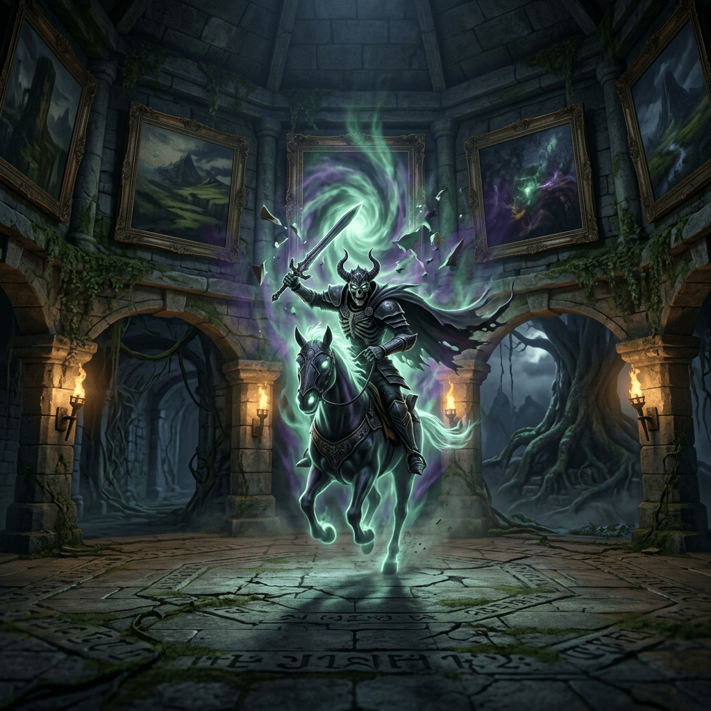 Horned spectral knight riding a glowing ghost horse through a portal