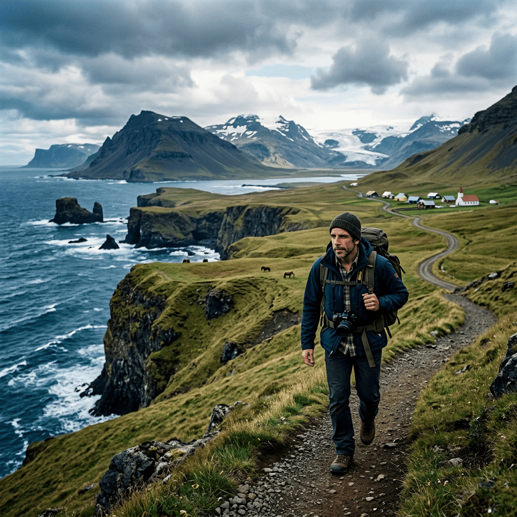 Hiker walking a coastal trail above Icelandic cliffs and ocean